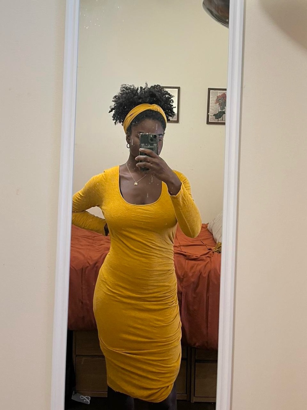 Ruched Mustard Yellow Anthropologie Long-Sleeve Bodycon Dress